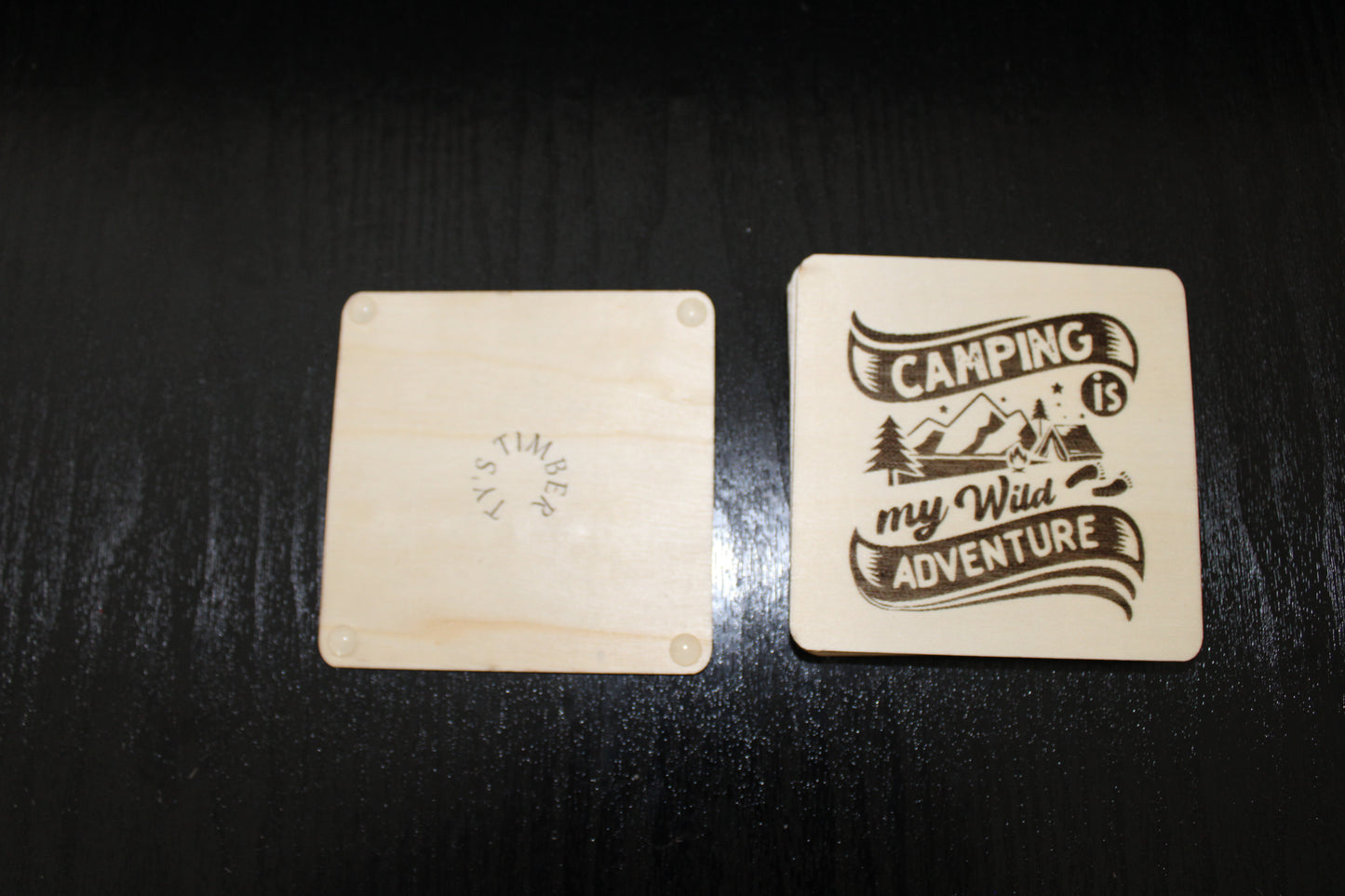 Beautiful laser engraved coaster camping quote